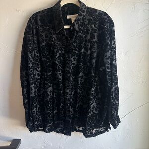 c.l.o.t.h.e.s Black Burnout Velvet Floral Blouse Y2K Gothic Romantic Sheer Top L